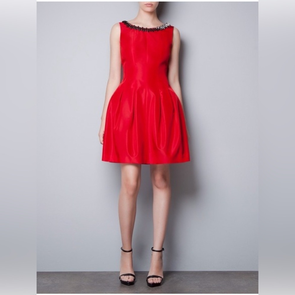 Red Sleeveless Fit-and-Flare Dress with Embellished Neckline